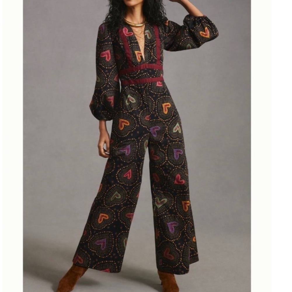 NWT Farm Rio Deep V Heart Print Jumpsuit
